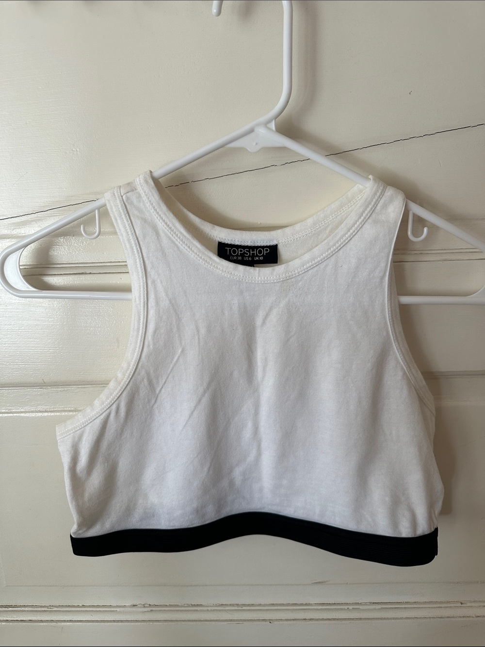 Topshop White High-Neck Crop Tank Top Wife Beater Thick Black Elastic Support